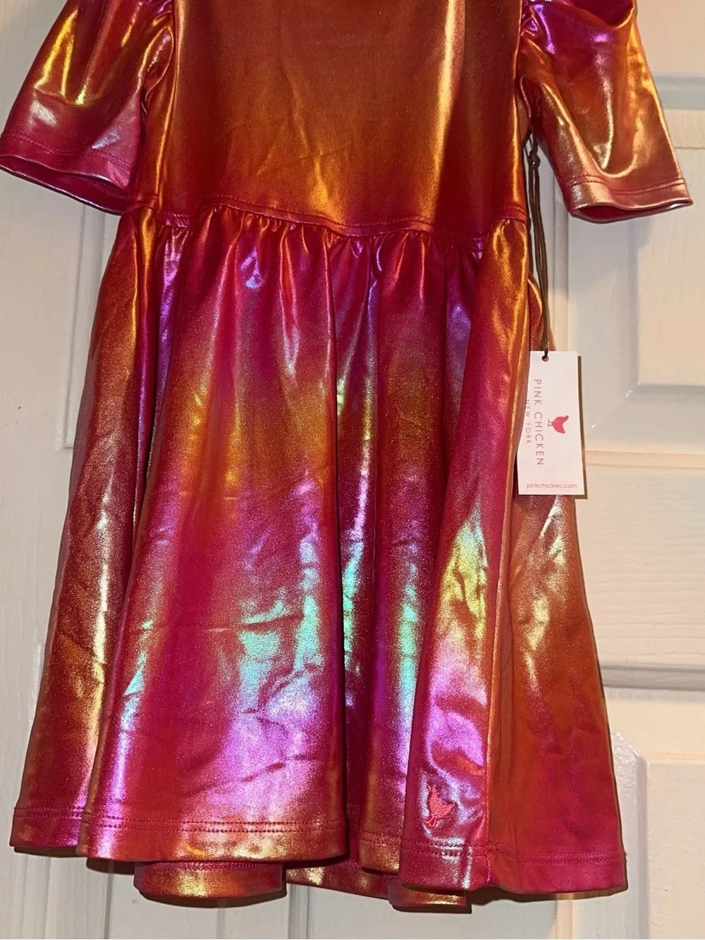 Pink Chicken NWT Girls Lame Laurie Dress in Rainbow Pink Lame Fabric